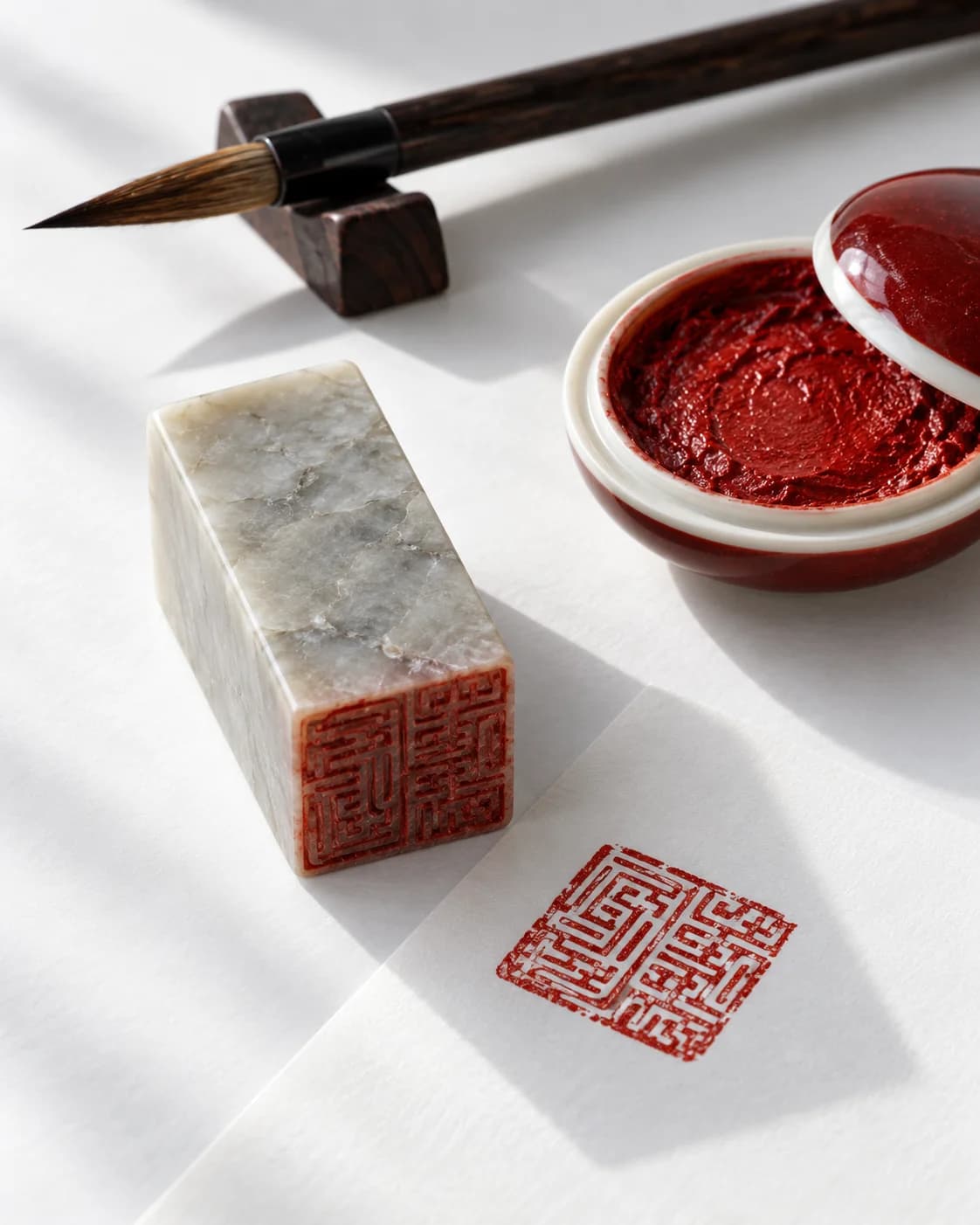 Carved stone name seal beside red seal paste, a brush, and a stamped impression on white paper